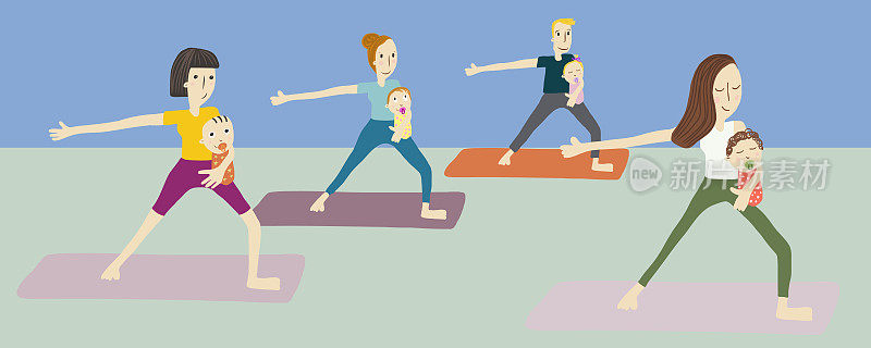 Vector illustration people doing yoga with babies